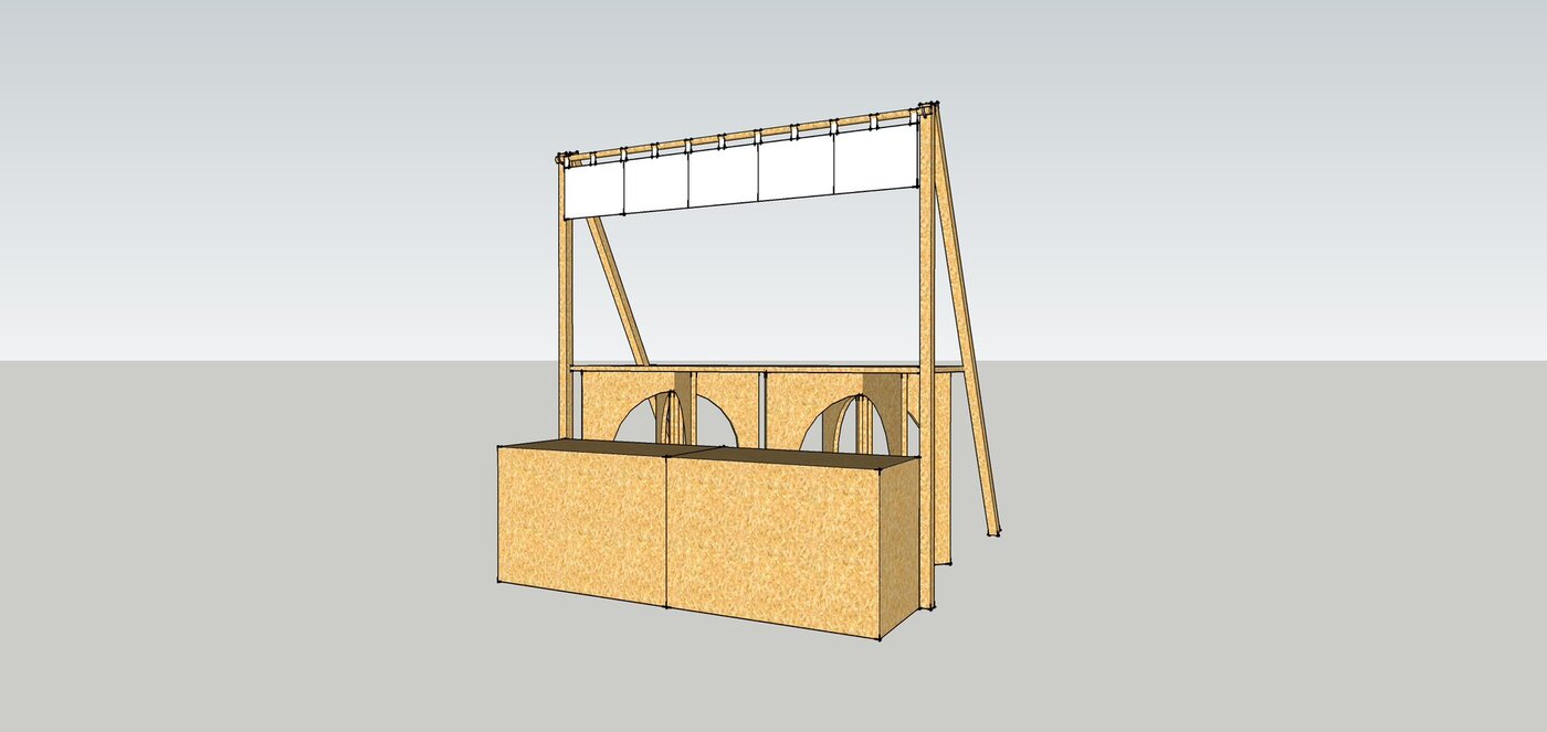 Finished view of the vendor booth: one wooden booth plus two counter boxes.
